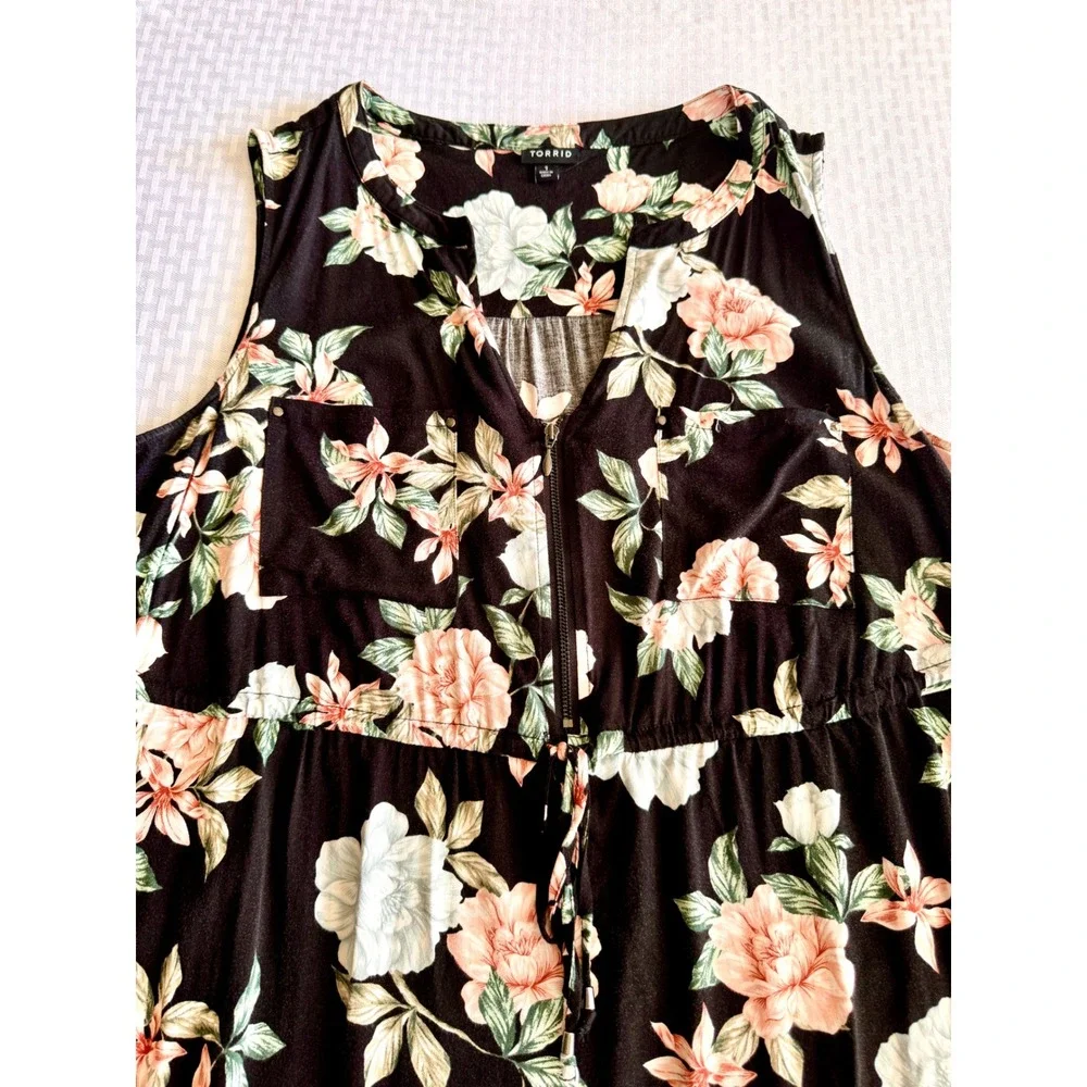 Torrid Floral Mini Dress‎ Womens 1 Black Pink Sleeveless Zip Pocket Cottagecore